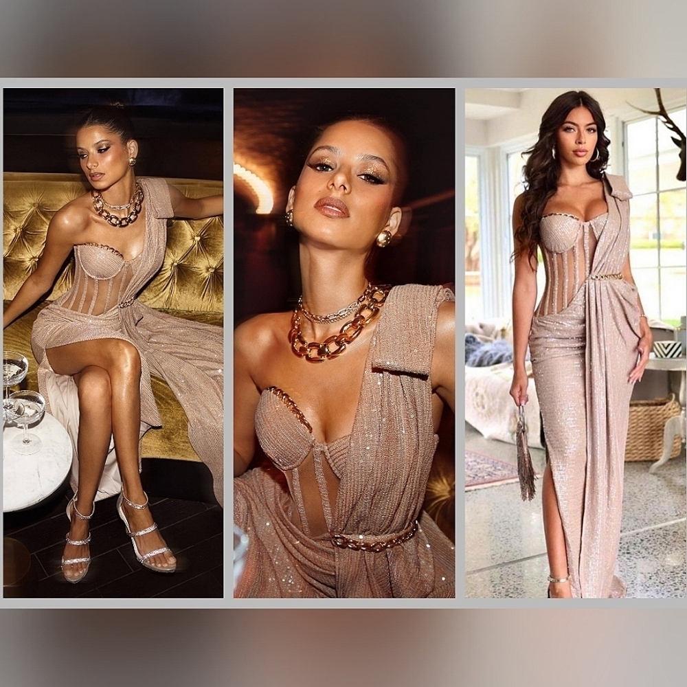 Eliya the Label Annalise Corset Gown Dress Sequin Champagne Large NWT